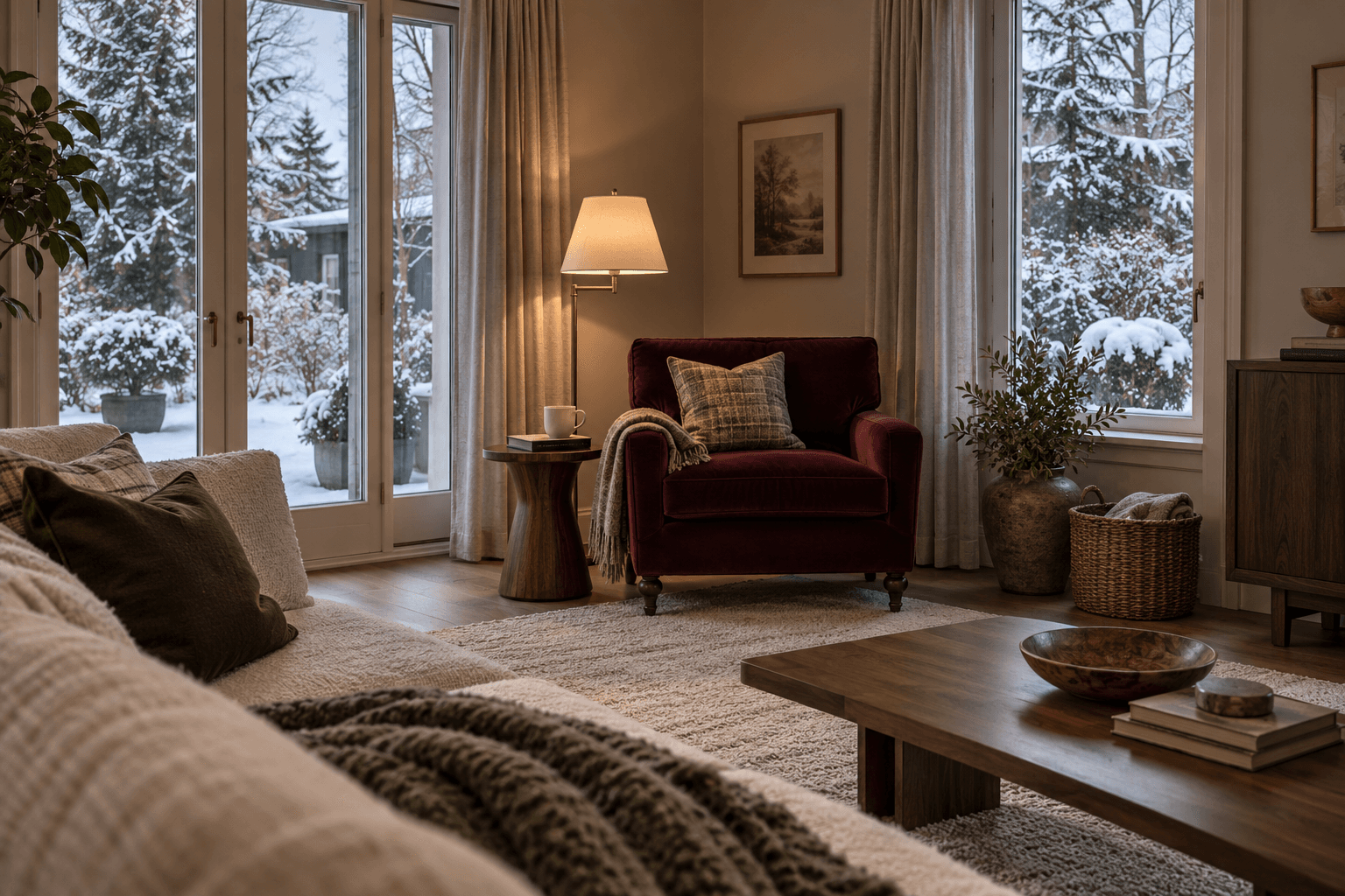 A burgundy armchair, reading lamp and side table in a winter living room beside tall windows.