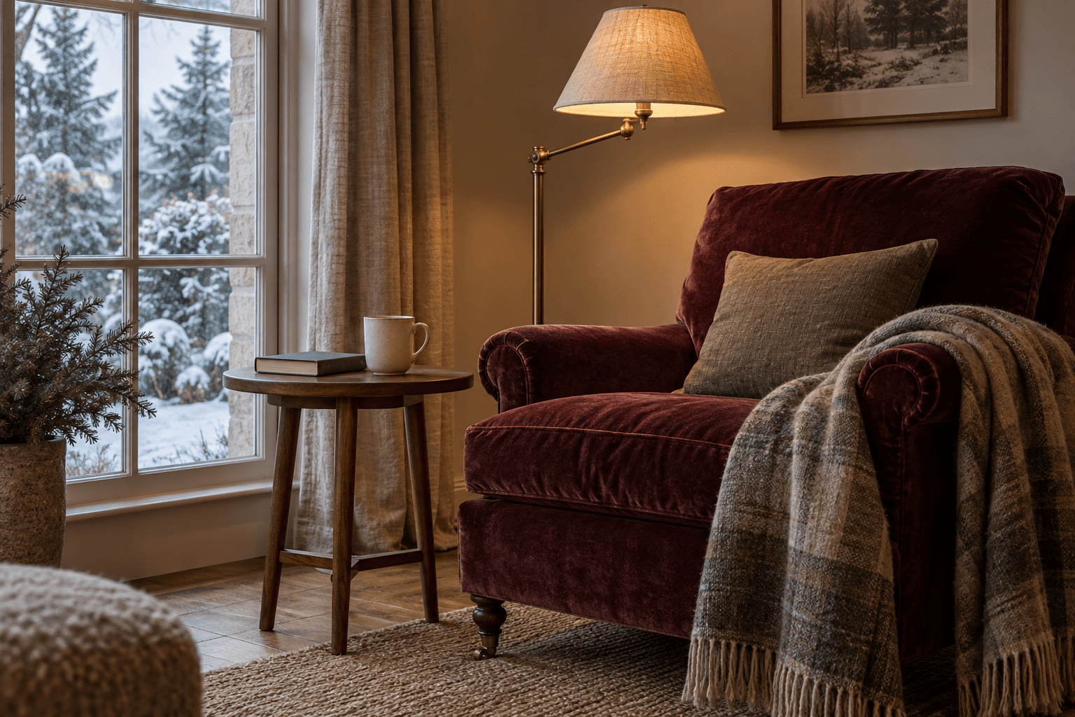 A cup and closed book within reach of a burgundy armchair beside a shaded reading lamp.