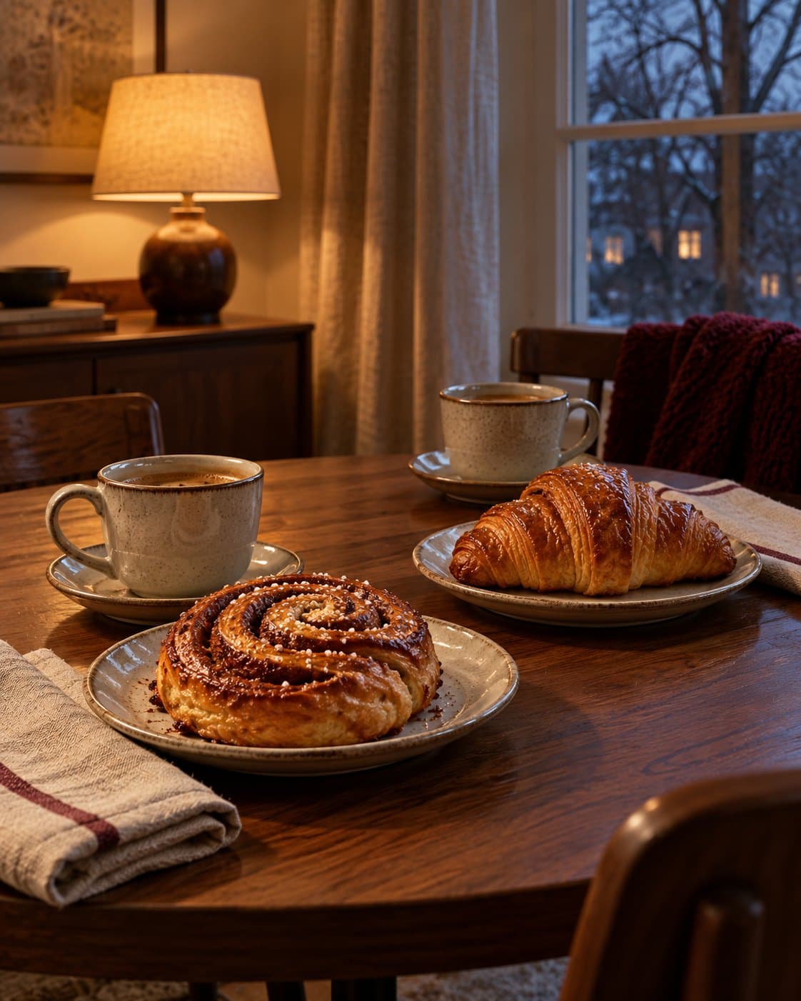 A cinnamon pastry and a croissant with two warm drinks on a wooden table at dusk.