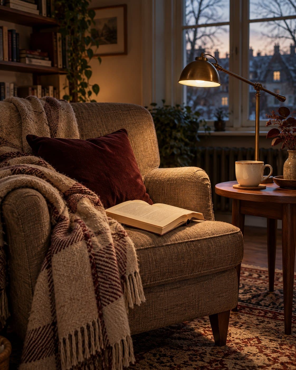 An open book, tea and a wool throw beside a reading lamp on a winter evening.