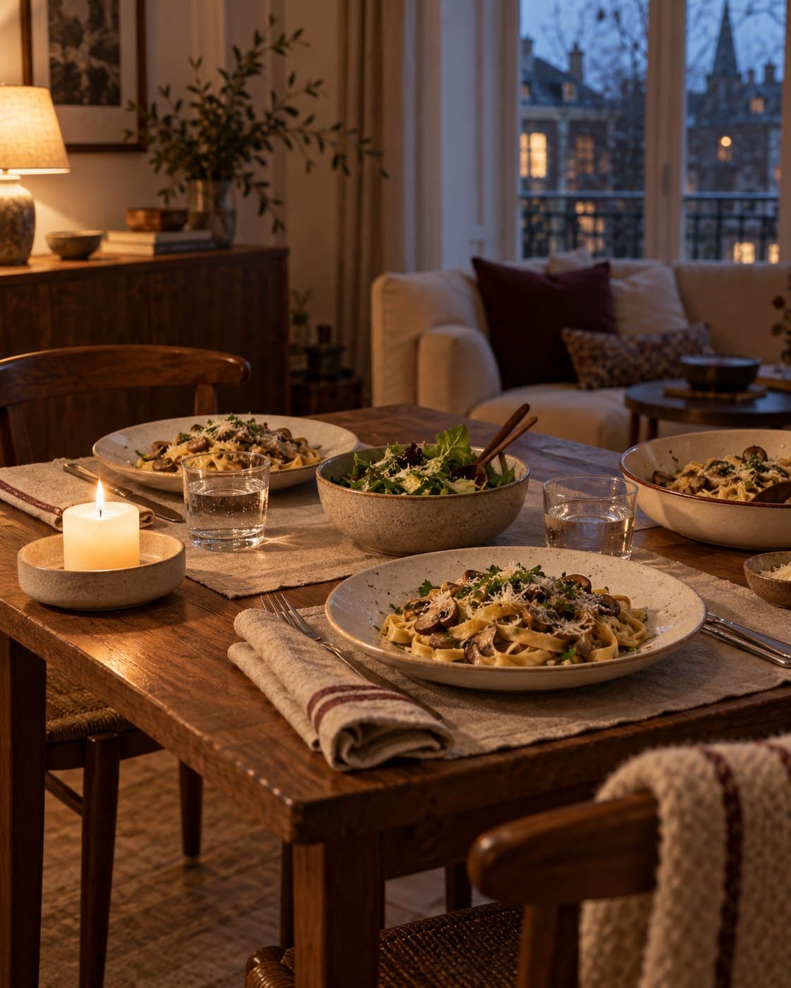 Mushroom pasta, a shared salad and water glasses on a warmly lit supper table.