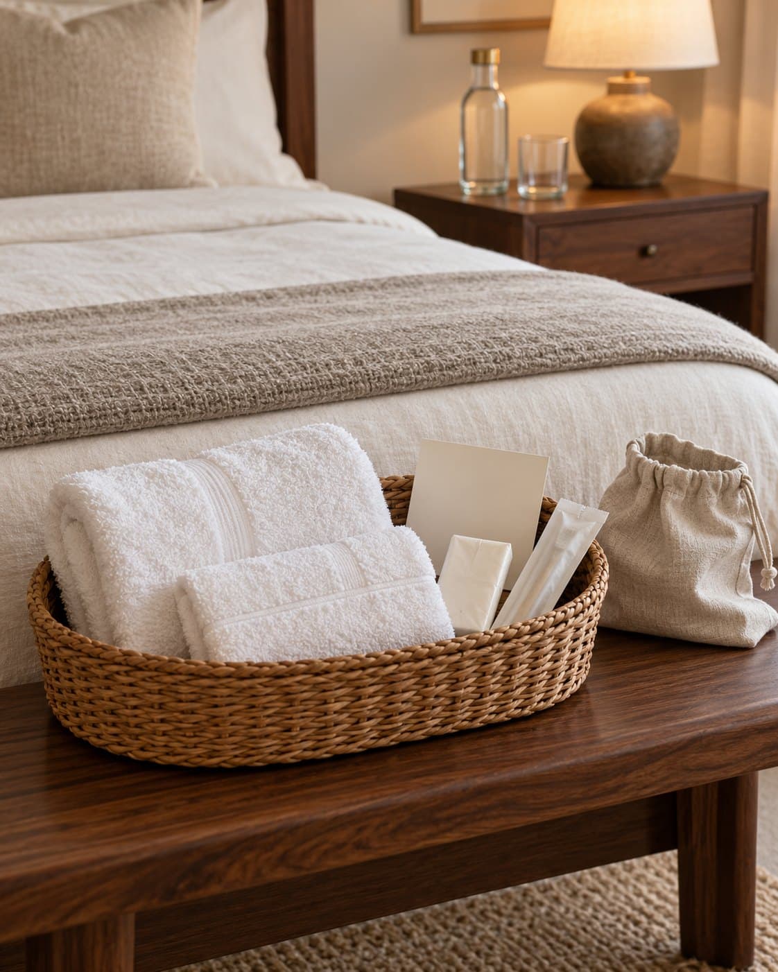 A small guest basket with towels, tissues and a spare toothbrush, with water and a lamp on the bedside table behind it.