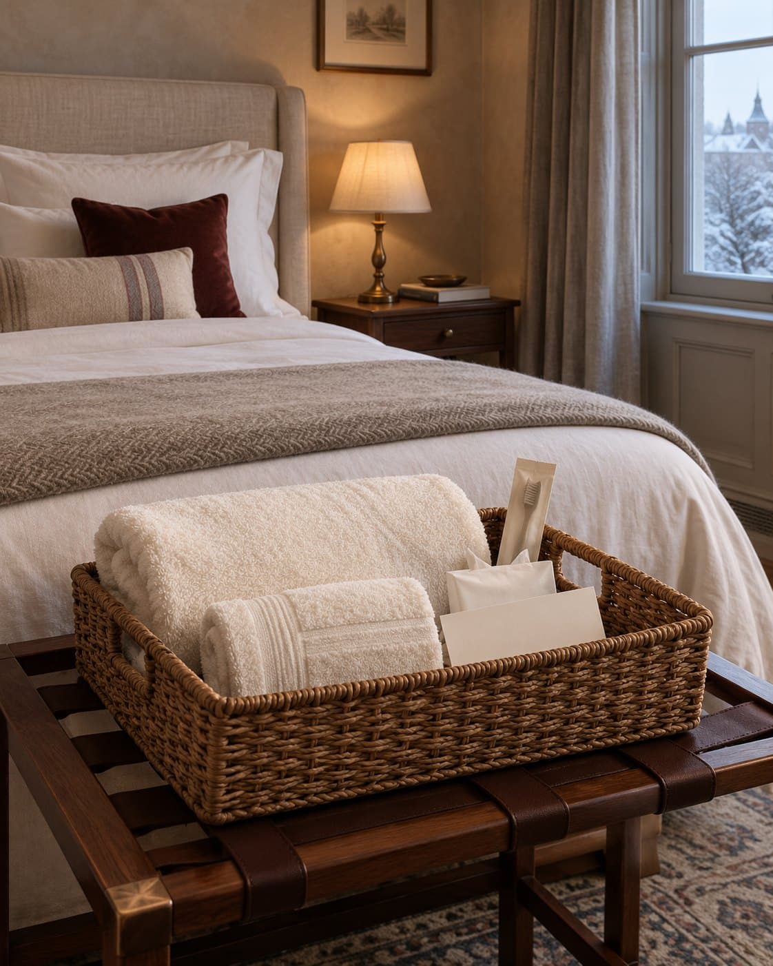 A woven basket of clean towels and a spare toothbrush on a bench beside a softly lit winter guest bed.