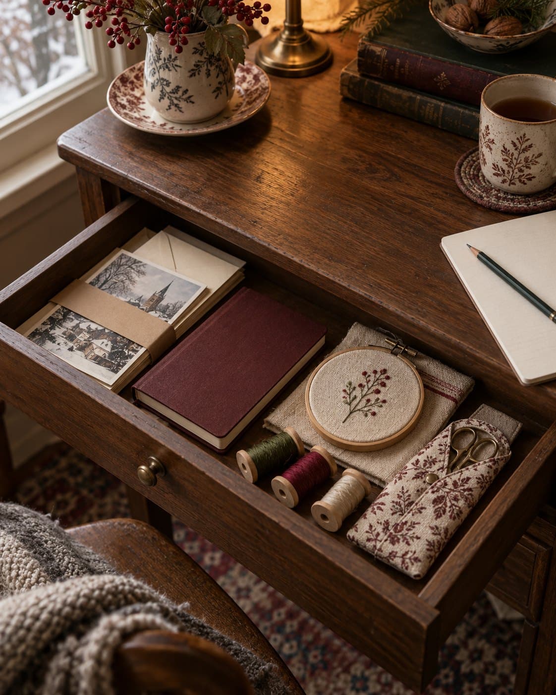 An open wooden drawer with a notebook, postcards, thread and a small embroidery hoop.