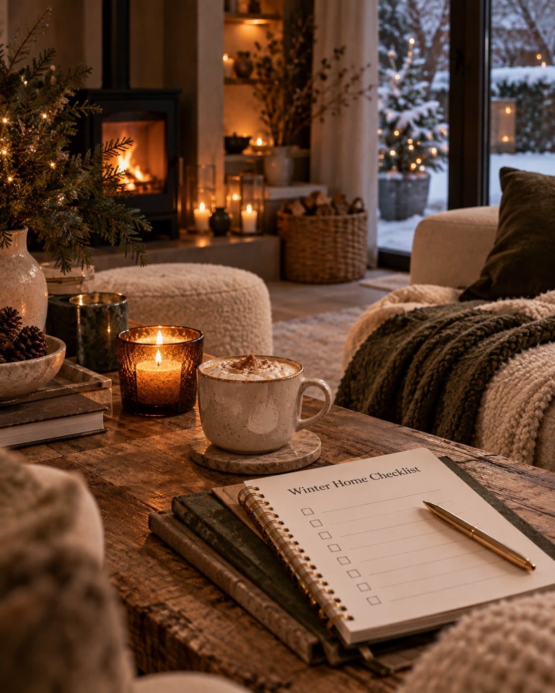 Cosy winter living room with a lit wood burner, candles, a cup of cocoa and an open Winter Home Checklist notebook on the coffee table, snow outside.