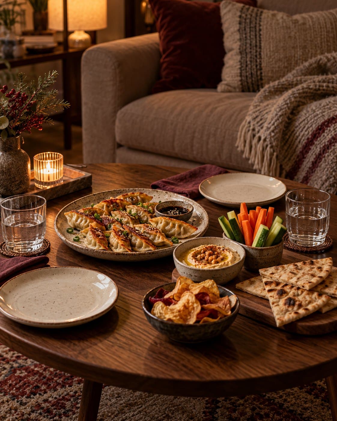 Gyoza, hummus, flatbread, vegetables and crisps arranged for a shared supper for two.