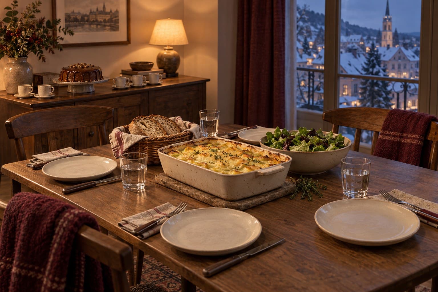 A potato and leek bake, green salad and bread on a winter supper table set for four.