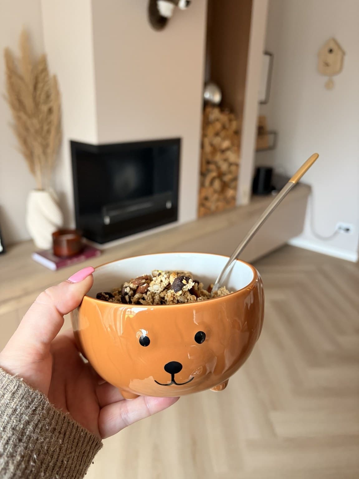 A bowl of granola with quark and fruit, held in hand next to a fireplace at home