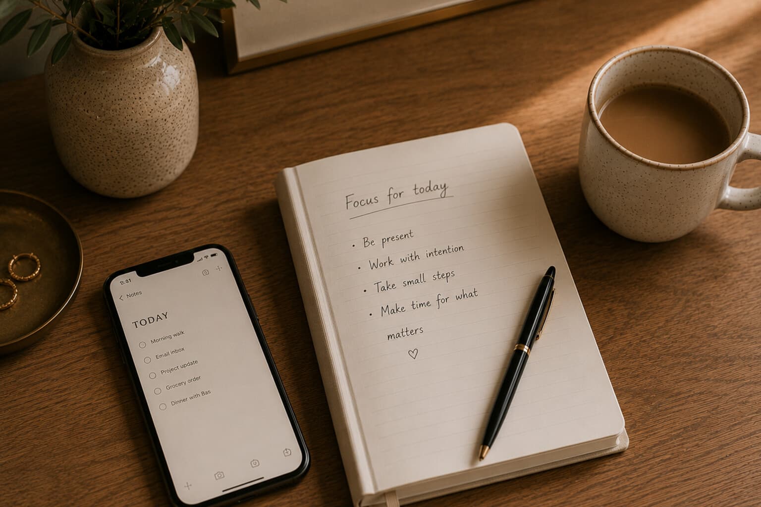A phone and notebook on a desk showing a short list, beside a cup of coffee.