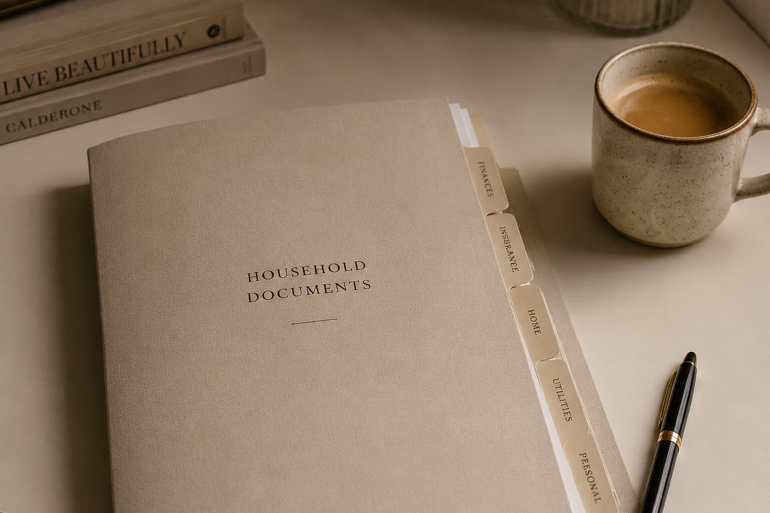 A folder of household documents and a pen on a tidy desk beside a cup of coffee.