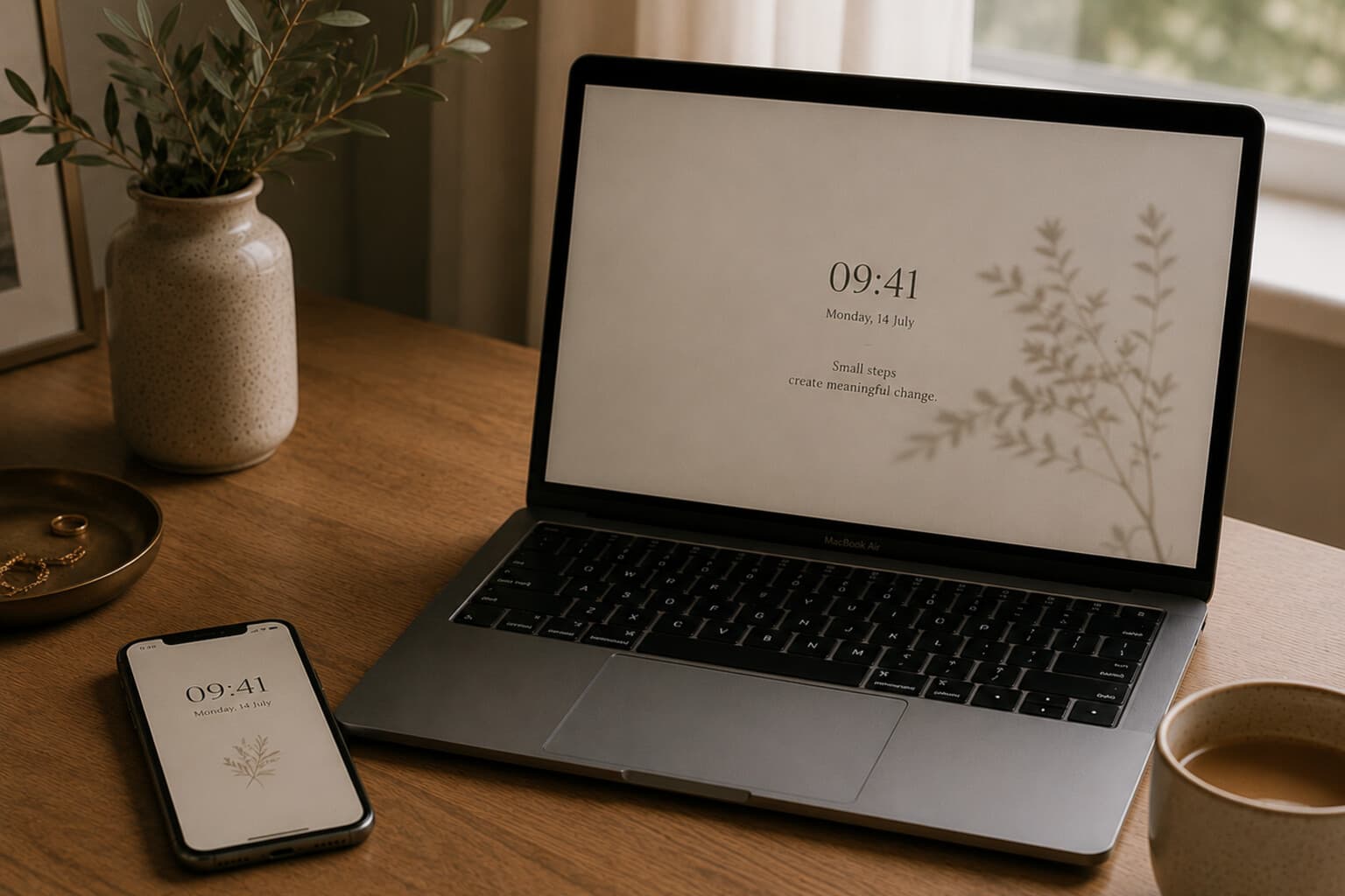 A phone and laptop resting quietly on a desk, screens simple and uncluttered.