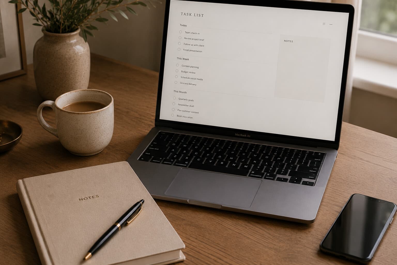 A laptop showing a simple task list beside a phone and a notebook on a tidy desk.