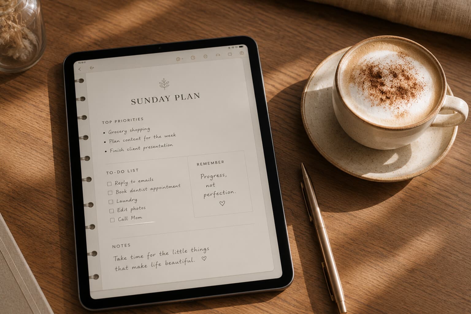 A tablet showing a simple notebook page beside a pen and a cup of tea.