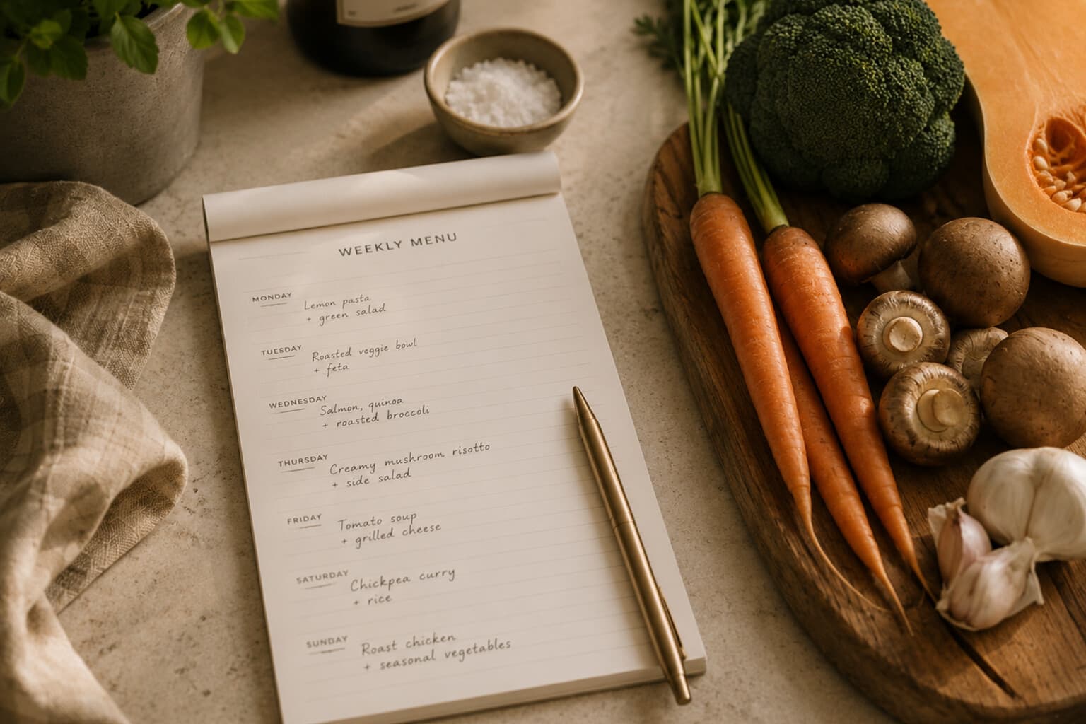 A weekly menu written on a notepad beside seasonal vegetables on a kitchen counter.
