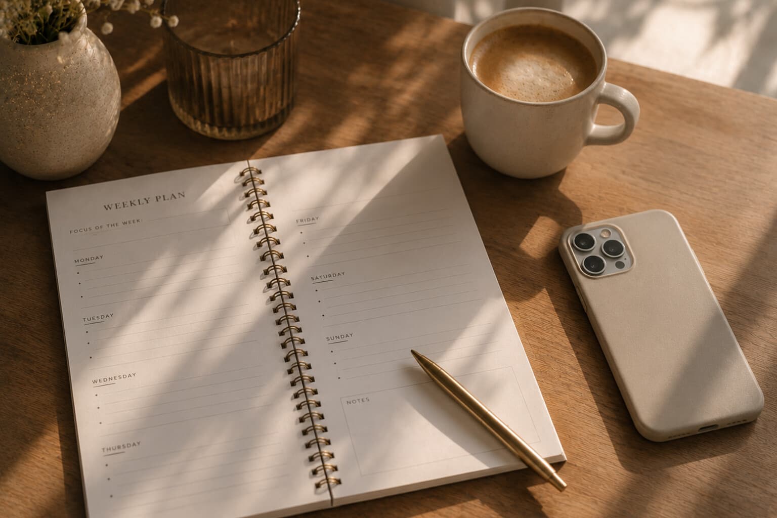A weekly planner page and phone on a desk, softly lit by morning light.