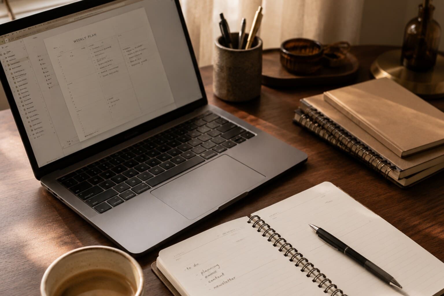 A laptop open on a warm wooden desk beside a notebook and a cup of coffee, soft morning light coming through a window.