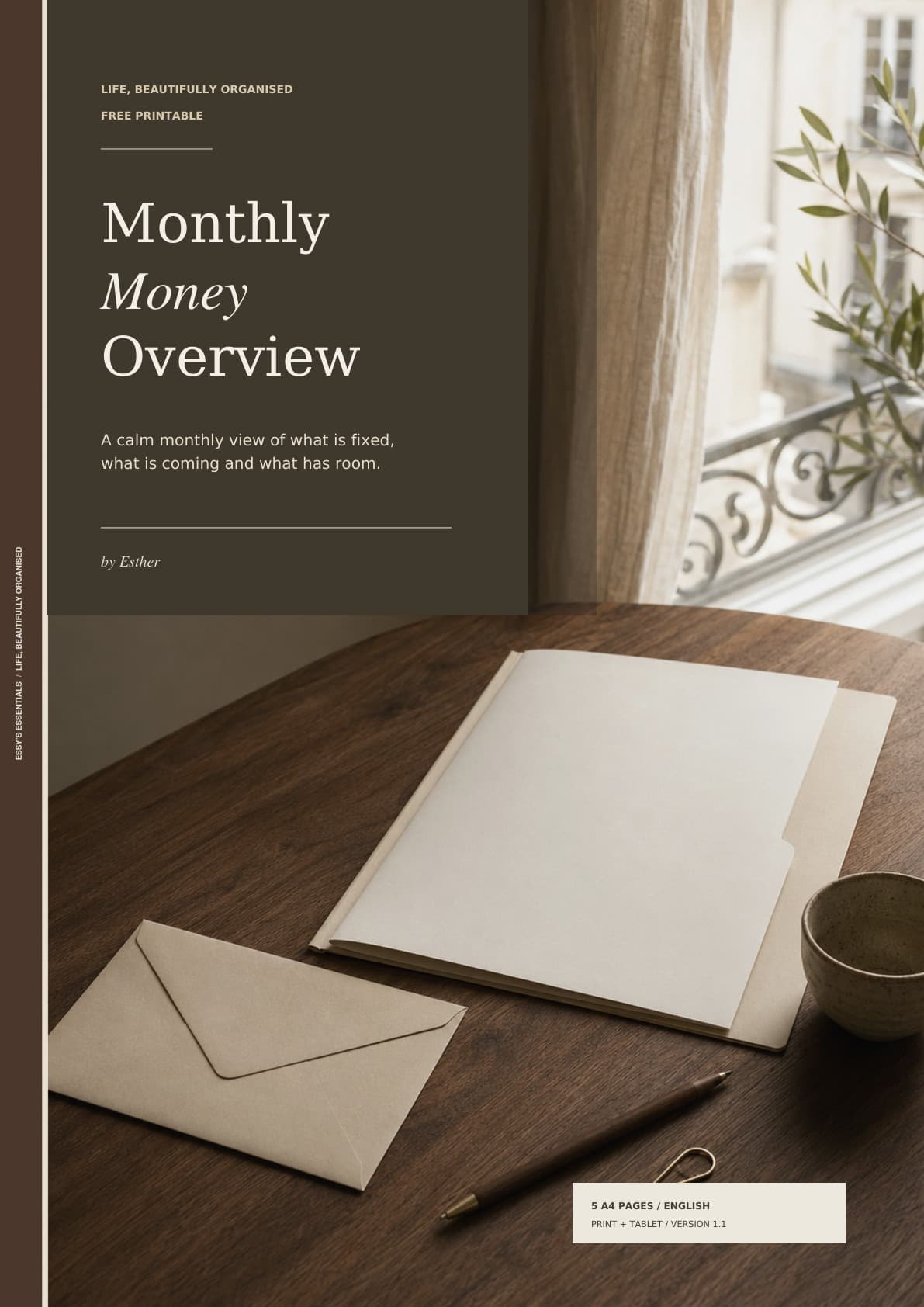 Cover of Monthly Money Overview by Esther, a free five-page A4 money check-in printable.