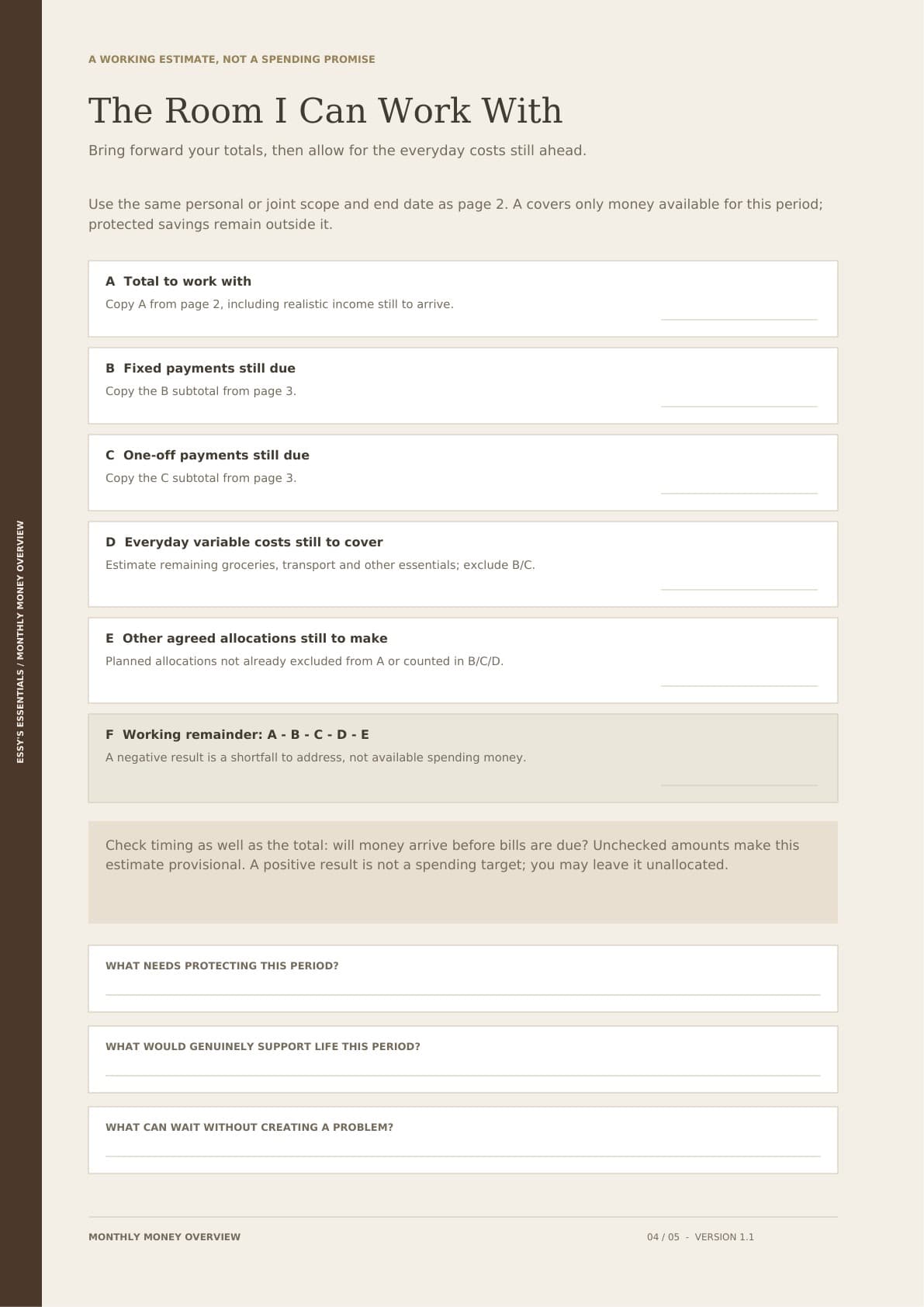 Monthly Money Overview page for estimating available room and identifying current priorities.