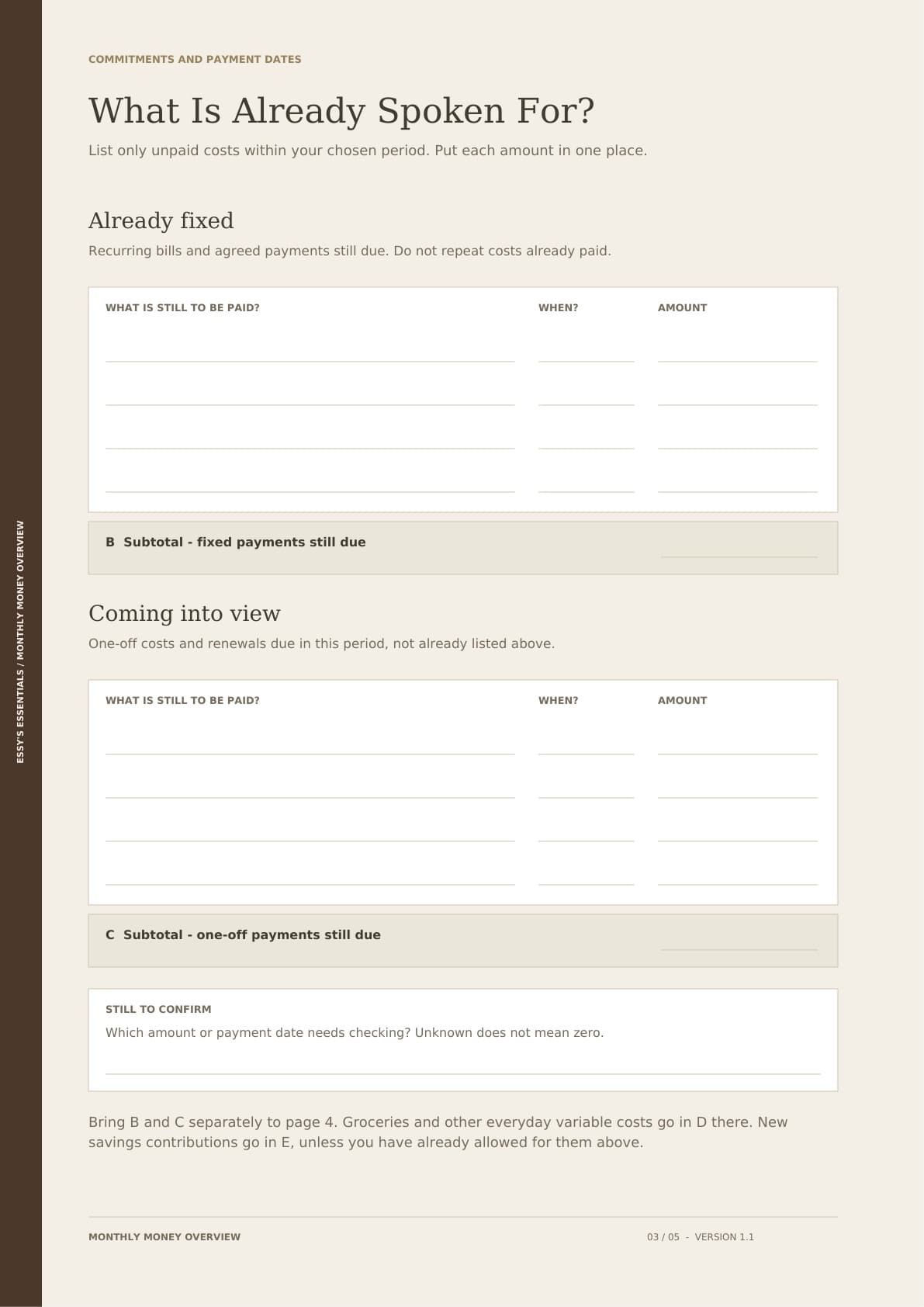 Monthly Money Overview page for noting fixed commitments, upcoming payment moments and amounts to confirm.