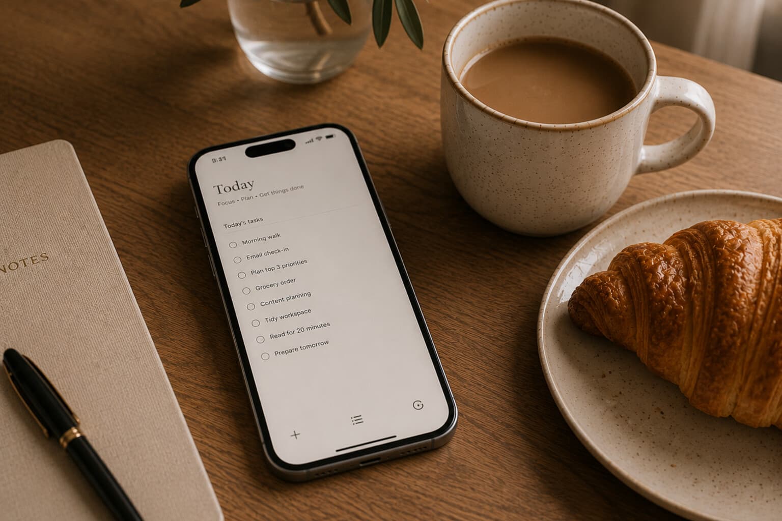 A phone showing a short daily task list resting on a desk beside a cup of coffee.