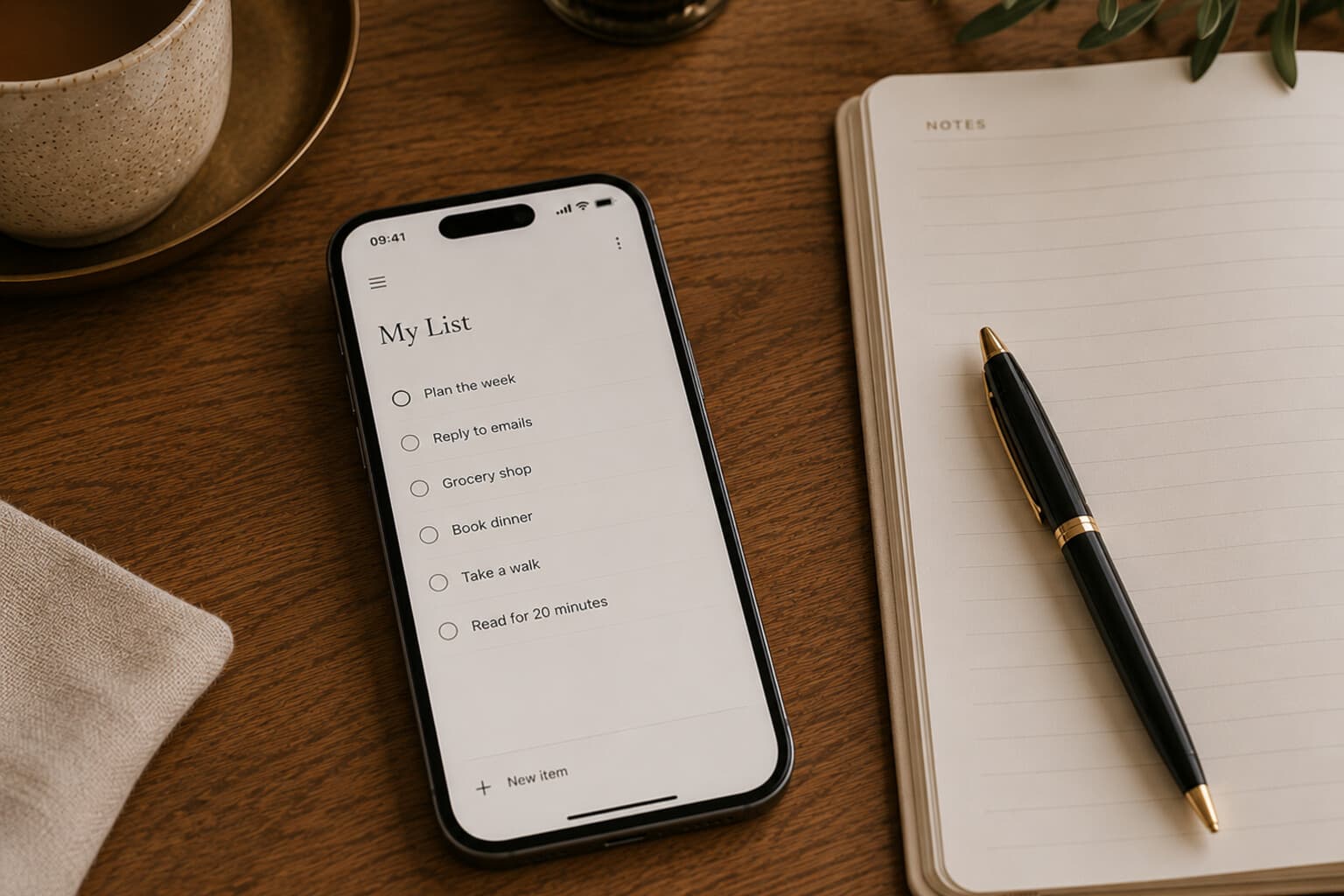 A phone showing a simple list app on a desk beside a notebook and pen.