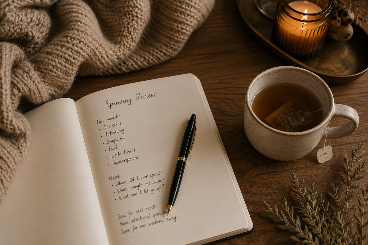 A notebook with a spending review list beside a warm knitted blanket and a cup of tea.