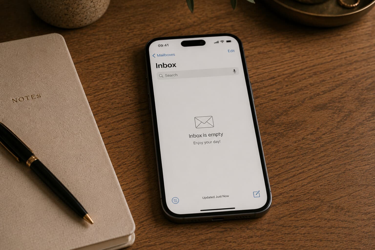 A phone showing a short, empty inbox resting on a desk beside a notebook.