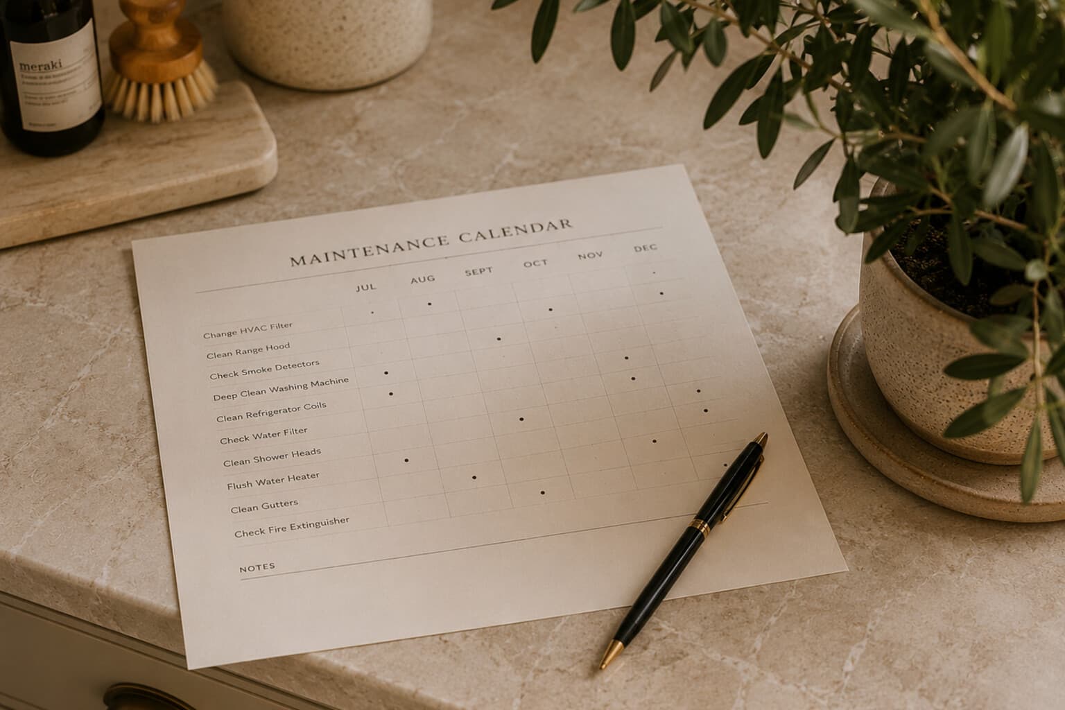 A simple maintenance calendar and pen resting on a kitchen counter beside a plant.