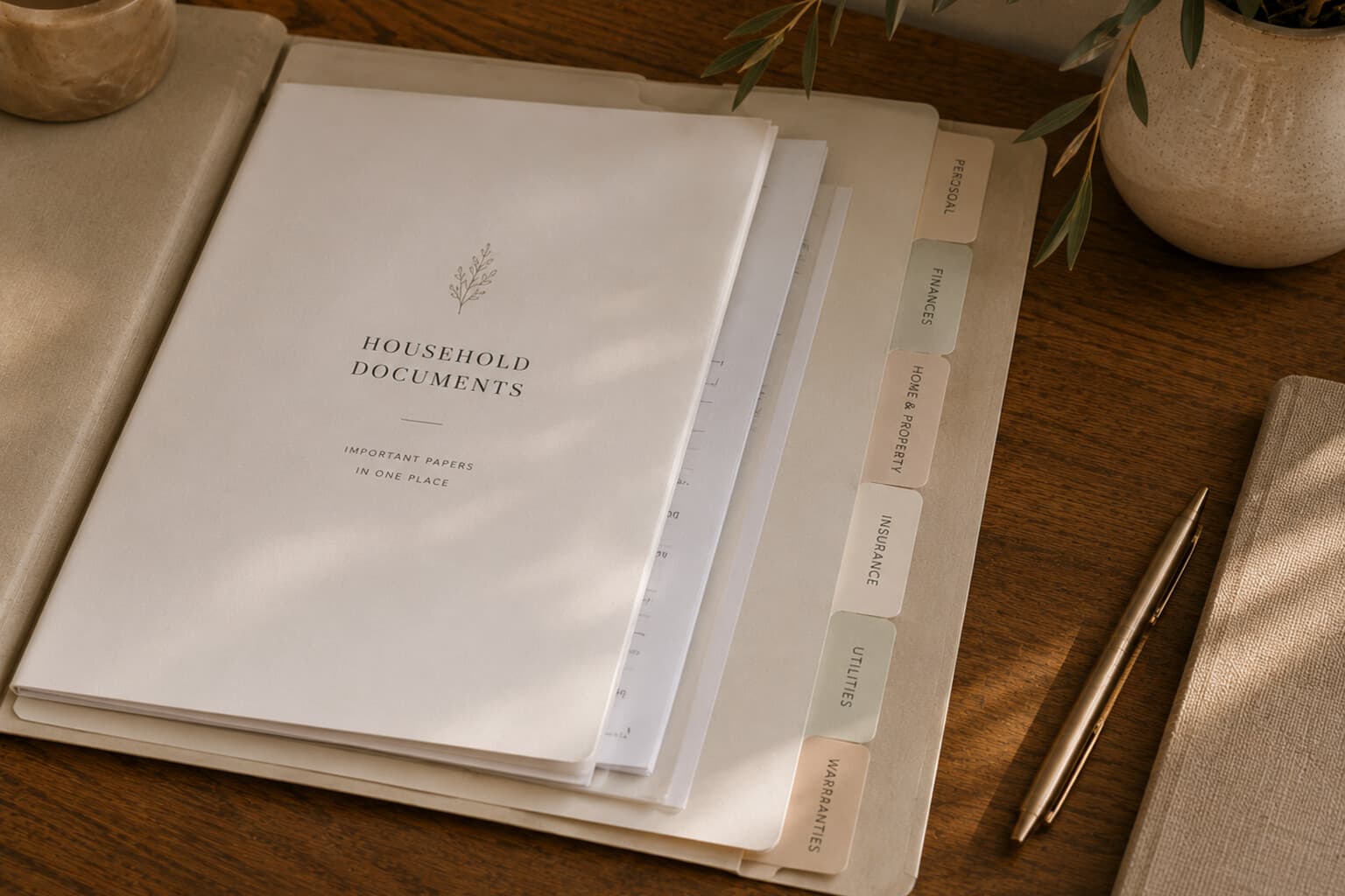 A tabbed folder of household documents laid open on a table beside a pen.