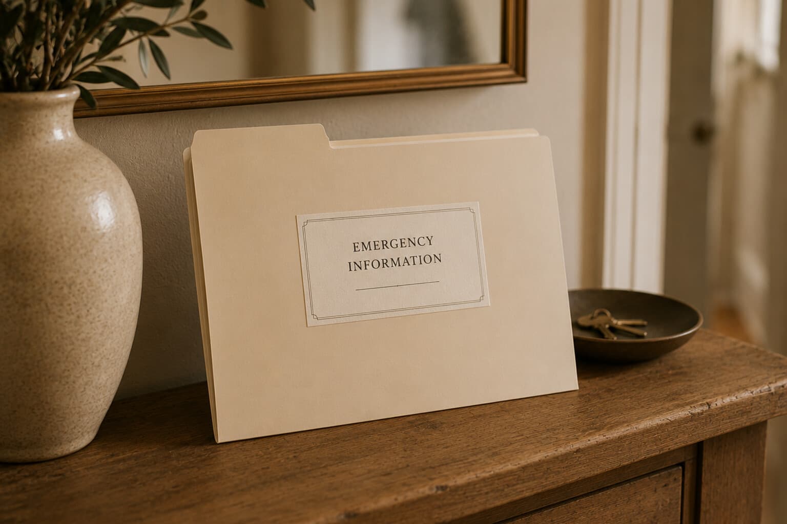 A single labelled folder marked "Emergency Information" resting on a hallway shelf.