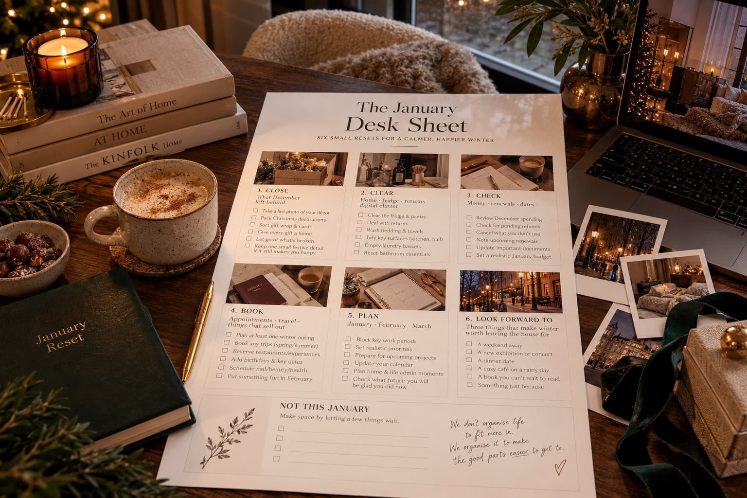January reset desk scene with a printable planning sheet, coffee, books and winter details.