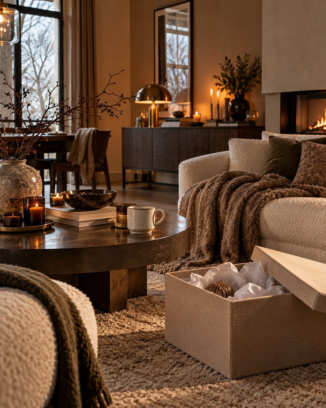 Warm living room in January with Christmas decorations being packed away and winter candles still lit.