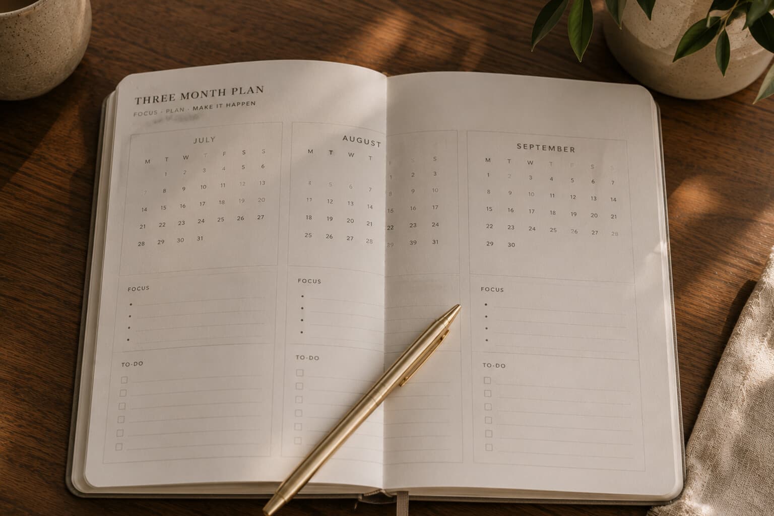 A three-month planning page laid open on a table, with a pen resting across it.