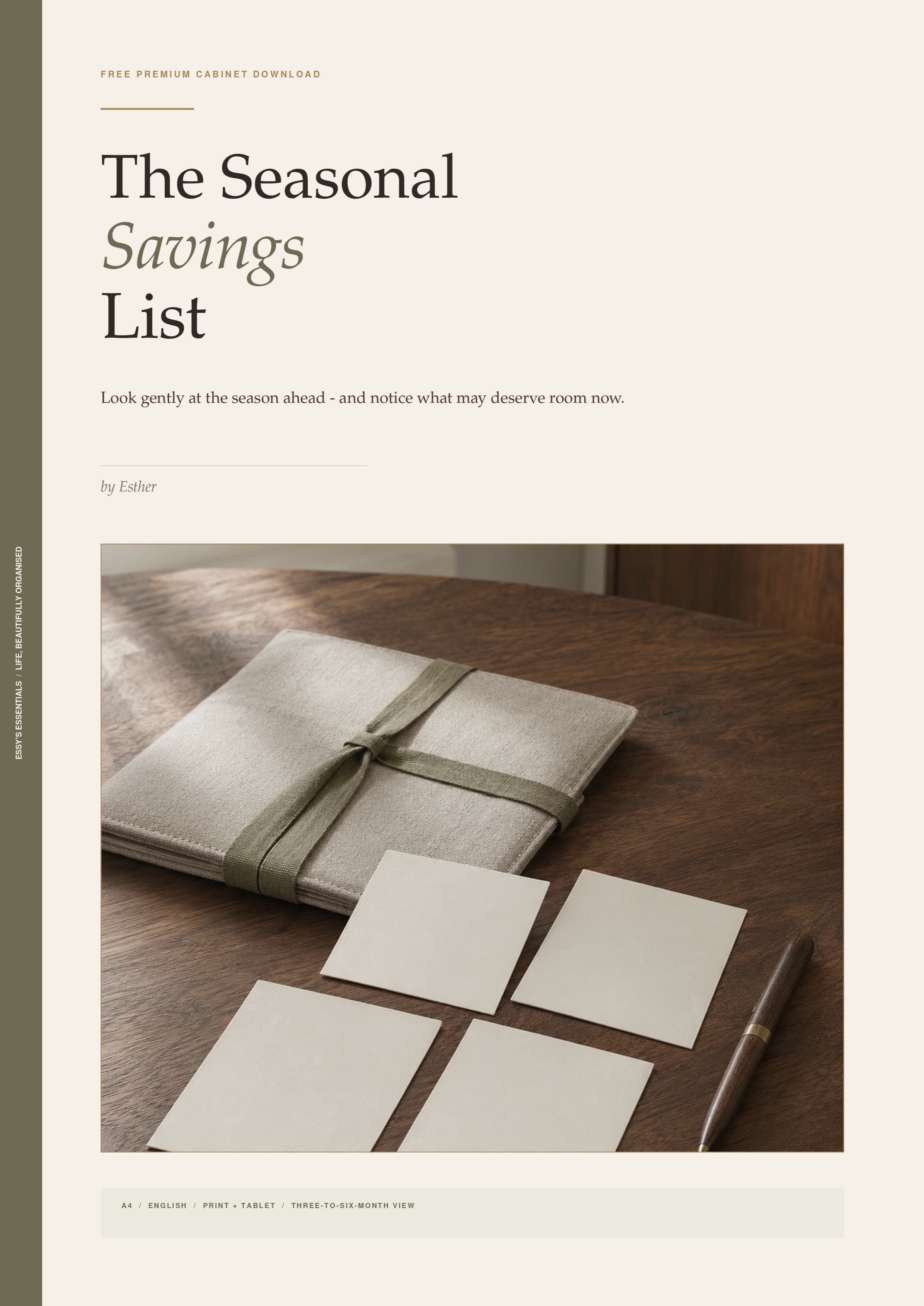 A handwritten savings list beside a cup of coffee and a small glass jar of coins on a wooden table.