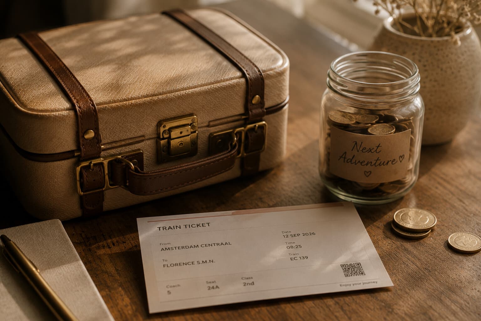 A small suitcase and a train ticket on a table beside a jar of coins, softly lit.