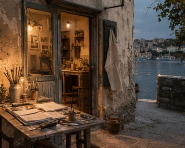 A small evening atelier in Cortelume with perfume bottles and a mirror catching warm harbour light.
