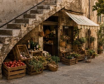 The interior of a small village pantry shop in Cortelume with jars of honey, olive oil and hand-labelled bottles.
