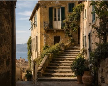A sun-warmed stone house set above Cortelume with open shutters catching the first morning light.