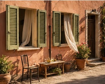 A homely house interior in Cortelume with linen curtains, terracotta pots and a table set near an open window.