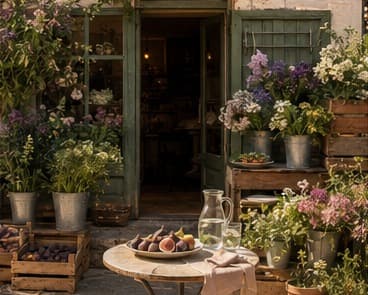 A small village flower and produce shop in Cortelume with baskets of figs, fresh petals and herbs in terracotta pots.