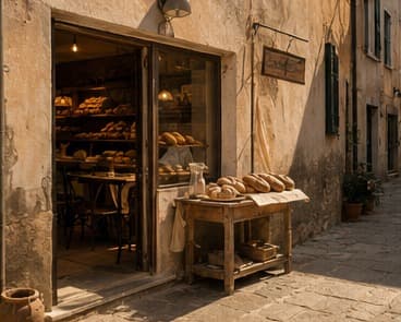 The warm interior of a small village bakery in Cortelume with fresh bread and almond pastries on the counter.