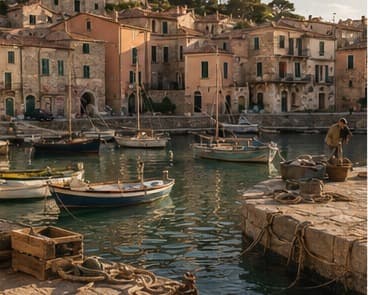 A small stone harbour in Cortelume at dusk with fishing boats resting against the quay.