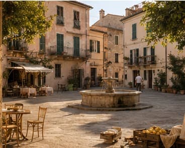 A sunlit village piazza in Cortelume with pale stone façades, café umbrellas and a small fountain.