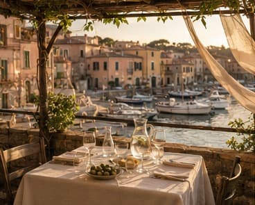 A harbourside terrace in Cortelume with striped umbrellas and small tables set for a long summer evening.