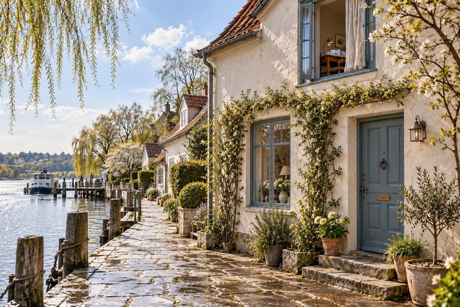 AI-created image of Nora's blue-doored house beside the quay in Willowmere.