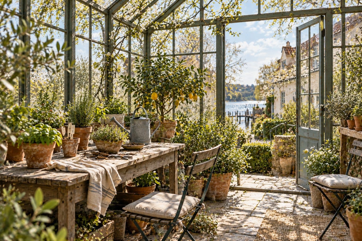 AI-created image of the garden glasshouse in the fictional village of Willowmere.