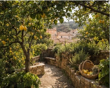 A sunlit grove of lemon trees on a stone path outside Cortelume, heavy with fruit in the summer heat.
