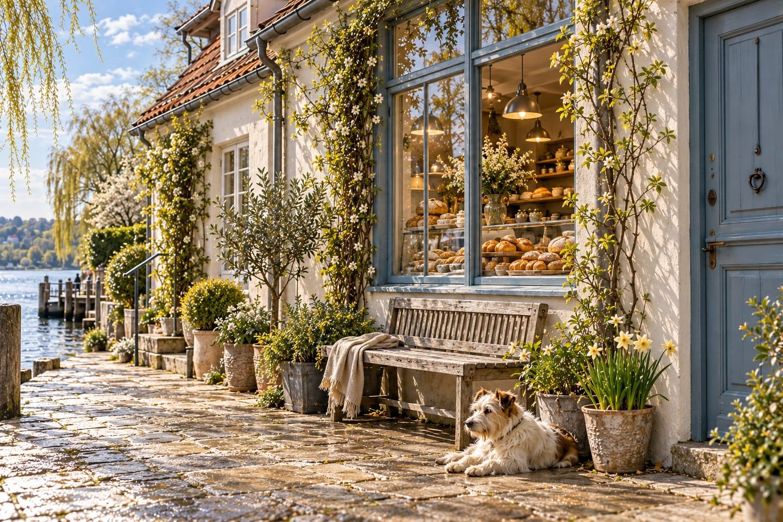 AI-created image of The Morning Room bakery beside the quay in Willowmere.
