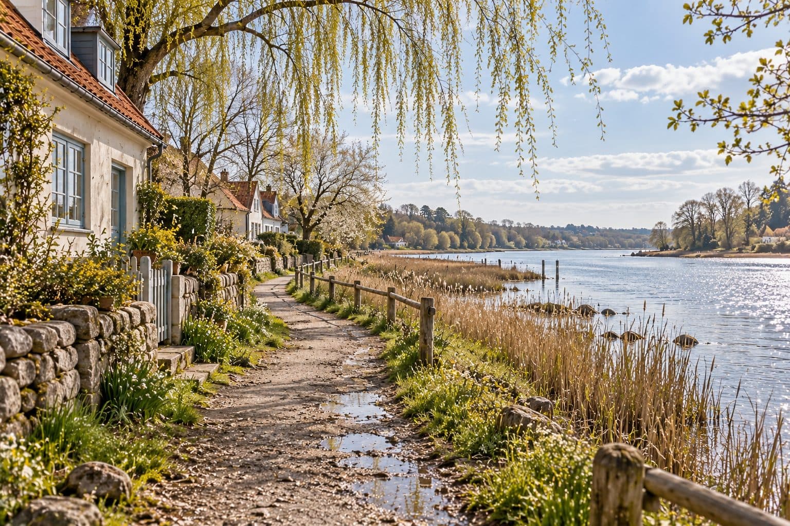 AI-created image of the willow-lined path beside the river in Willowmere.
