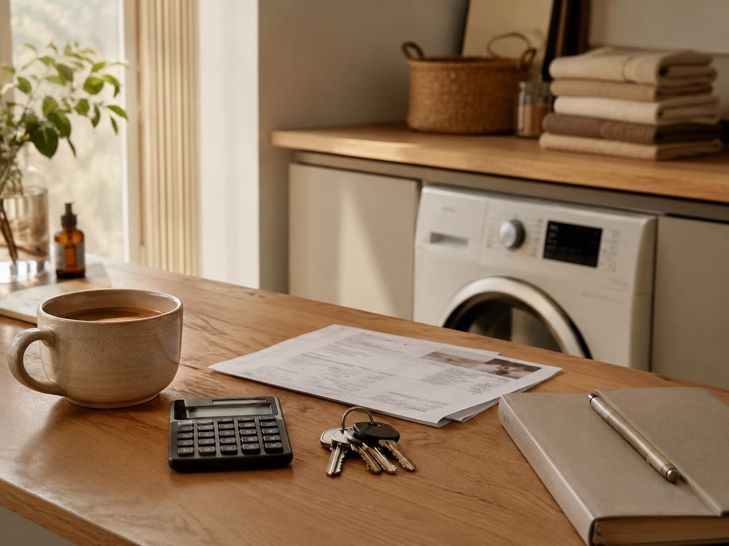 A calculator, a bunch of keys and a stack of paperwork on a wooden counter, with a cup of coffee and a notebook, and a laundry room with folded towels visible in the soft-focus background.